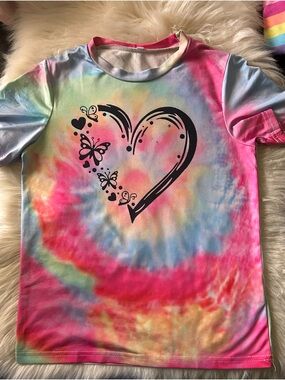 SHEIN Multicolor Tie-Dye Short Sleeve Tee with Black Heart & Butterflies